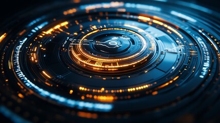 Futuristic digital interface design featuring glowing orange patterns on a sleek black background with circular motion effects : Generative AI
