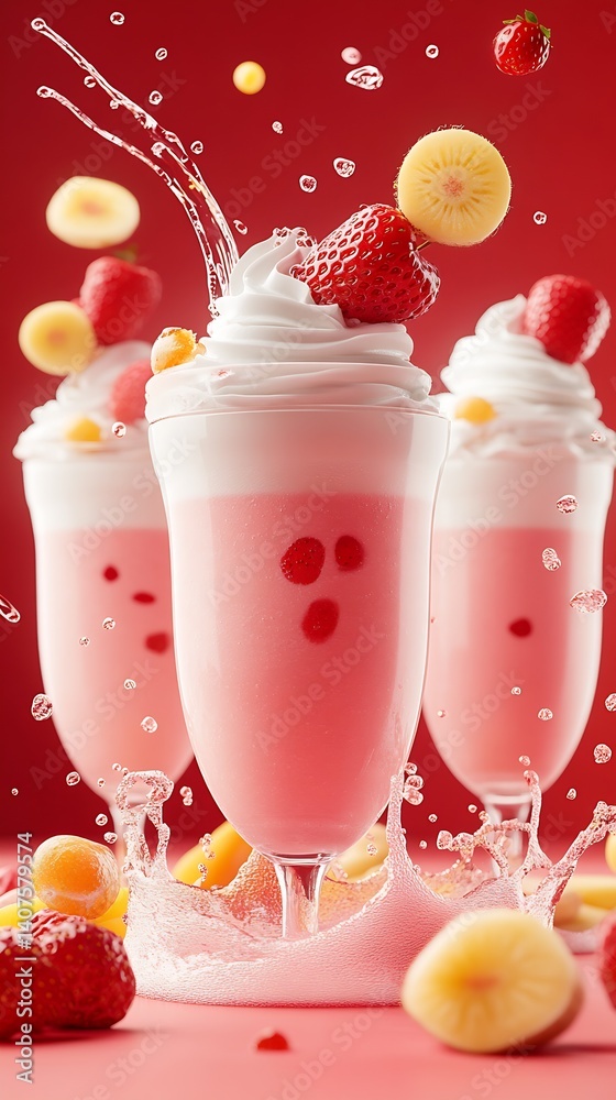 Aufkleber refreshing strawberry banana milkshake topped with whipped cream and fresh fruit in a vibrant settin