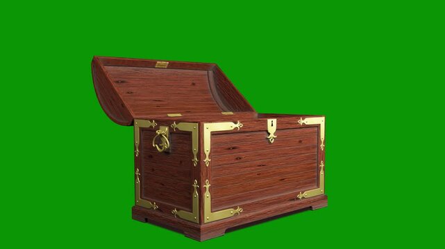 Wooden treasure box with golden carcass elements opening on green screen. 3D rendering side view.