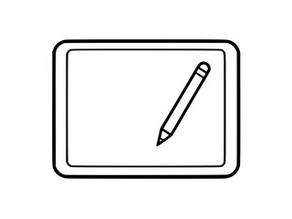 Black and white sketch icon of pencil on white tablet
