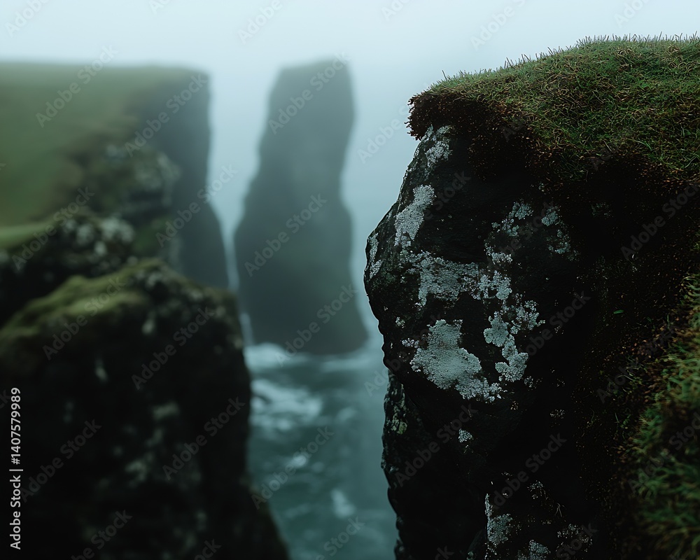 Poster mysterious foggy landscape featuring rocky cliffs leading into the deep ocean for nature lovers : ge
