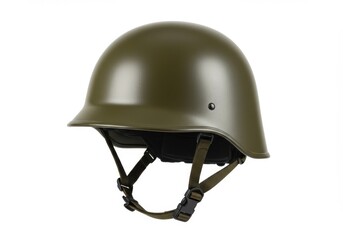 Fototapeta premium A green military helmet with chin strap on a white background in a studio setting isolated helmet