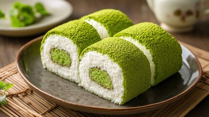 Matcha Green Tea Rolls on Plate