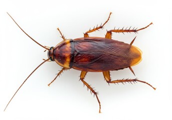 A top view of a brown cockroach with long antennae on a white background in a studio shot setting