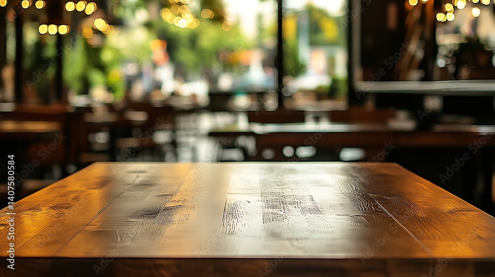 Aufkleber Beautiful wooden table in a cozy restaurant setting with lights and a relaxed atmosphere : Generative AI
