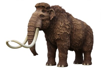 Obraz premium Isolated woolly mammoth standing with long curved tusks and thick brown fur on a white background