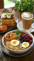 Gourmet Ramen With Berries And Fried Chicken