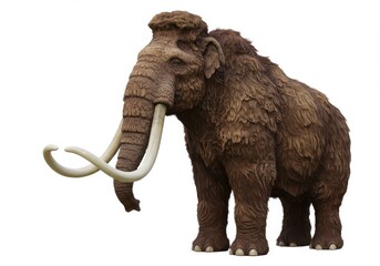 Obraz premium A woolly mammoth standing on a white background with long curved tusks and a thick fur coat visible