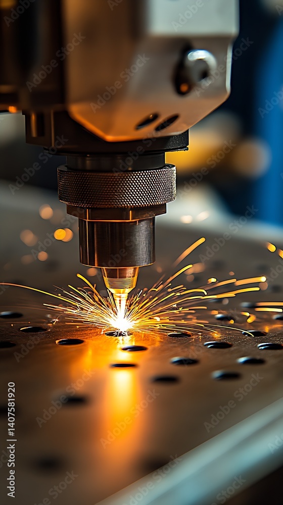 Poster Close-up of a powerful laser cutting machine creating sparks while cutting through metal on an industrial worktable : Generative AI