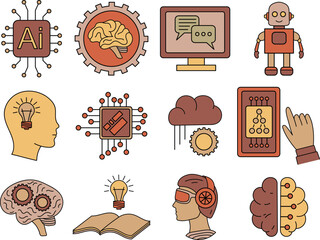 A vector illustration of artificial intelligence elements including robots, neural networks, brains, computer chips, and digital communication symbols