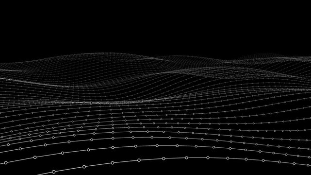 Abstract polygonal gid with circles in dynamic wave animation. Wireframe of lines connectin circles in cyberspace. Technology concept.