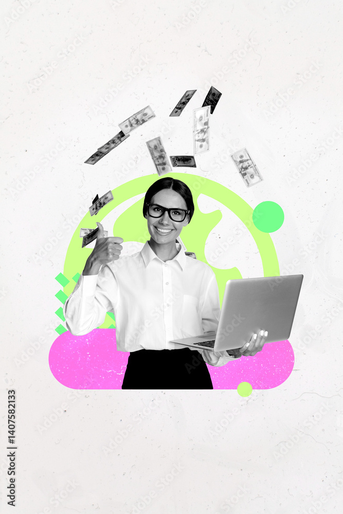Aufkleber pop image collage of person with flying usd money use gadget on pastel color background