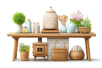 A flat vector of a traditional rural kitchen setup with clay stove and utensils, white background