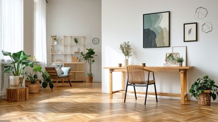 Bright living room with wooden furniture and plants