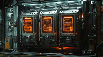 Obraz premium Futuristic control panels with glowing orange interfaces in a sci-fi industrial environment, high-tech computer systems.