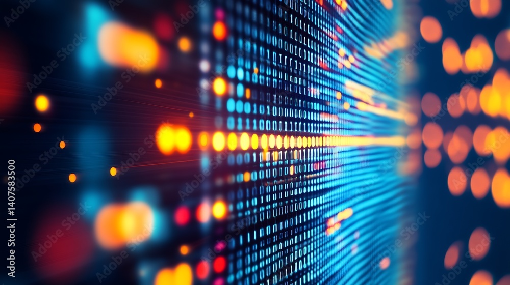 Poster Digital data flow represented with vibrant lights and binary code showing movement and technology themes : Generative AI