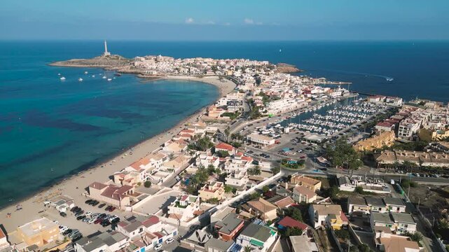 Aerial drone perspective of famous region La Manga, Murcia Province. Spain. "Cabo de Palos" - Cape Palos. Beautiful panorama of all region. European Travel Destination