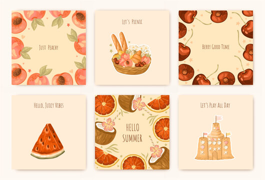 Aesthetic Summer Cards Collection. Vibrant Fruit Illustrations with Fun Messages. Vector.