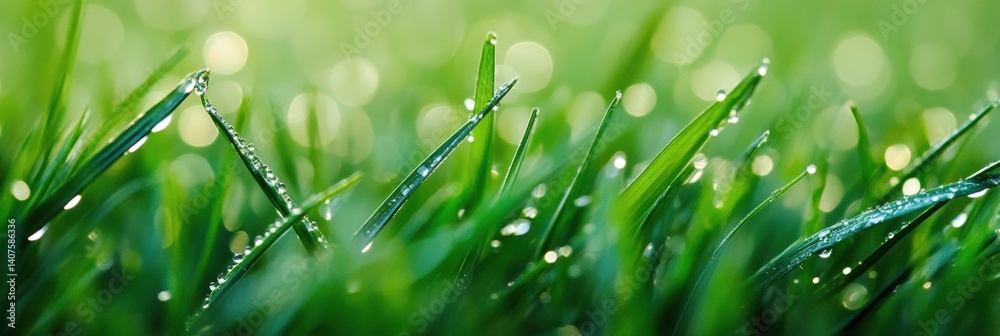 Poster Morning dewdrops glisten on green grass creating a serene macro view of nature in early daylight hours