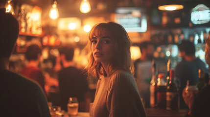 Woman with short hair enjoying a lively evening at a trendy bar filled with warm lights and vibrant conversations