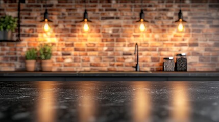 Abstract modern black marble countertop, blurred industrial-style kitchen interior with exposed bricks, warm hanging lights, artistic bokeh