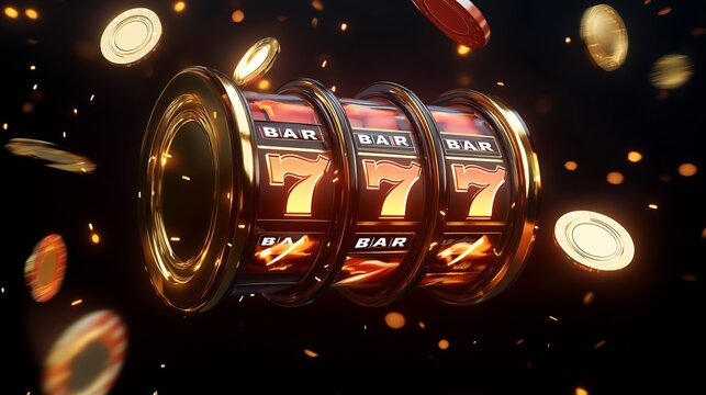 Close-up of a slot machine reel spinning with the iconic seven symbol and casino coins : Generative AI