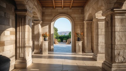 Fototapeta premium Stone columns form archway. Orange flowers stand on pedestals. Sunny day outdoors in courtyard. Green landscape visible through open entrance. Sand colored blocks visible.