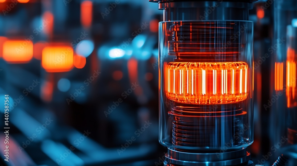Poster abstract view of a glowing tube filled with vibrant orange light in a futuristic mechanical environm