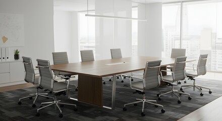 Modern Conference Room Interior Design with Wooden Table and Gray Chairs