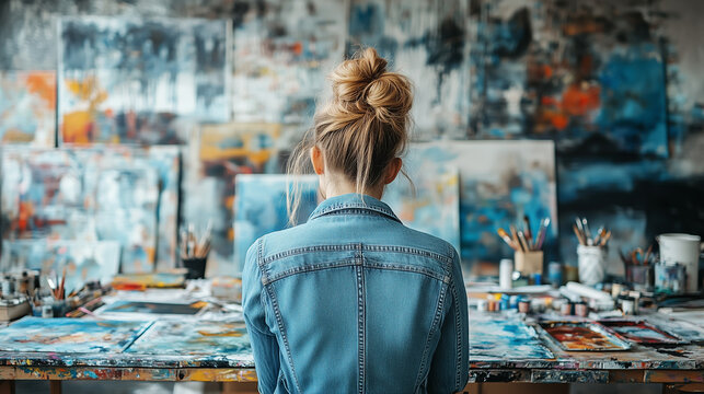 Artist working in a creative studio filled with colorful canvases and art supplies during the afternoon sunlight