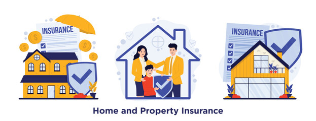 Home and property insurance set concept illustration with protected house, shield symbol, insurance form, and agent offering safety coverage for homeowners