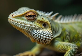 Obraz premium Intricate Green Lizard Portrait: Detailed Scales and Golden Eye
