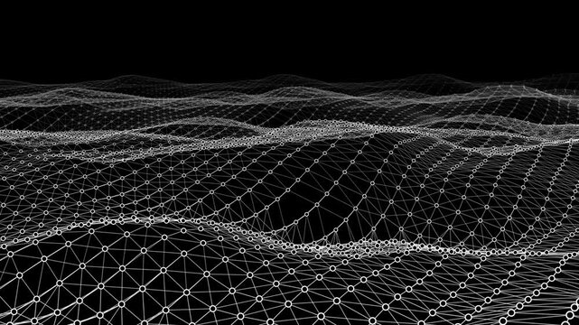 Abstract polygonal gid with circles in dynamic wave animation on dark. Wireframe of lines connectin circles in cyberspace. Technology concept.