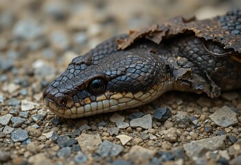 Obraz premium Close-up of a Dark-Scaled Snake on Gravel, Shedding Skin, Naturalistic Style