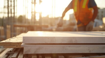 Obraz premium Construction worker inspecting materials at a building site. Featuring focus and inspection