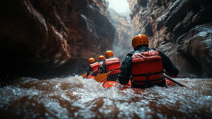 Exploring narrow canyons while white-water rafting in a remote river during cloudy weather