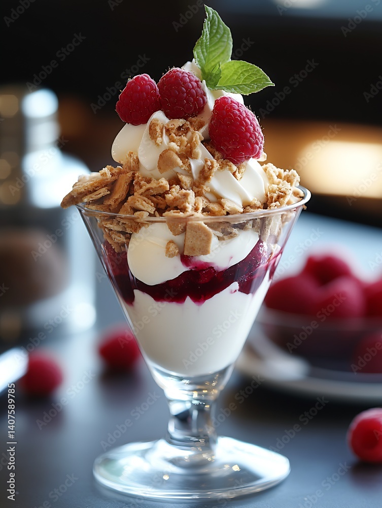 Poster Delicious Raspberry Parfait Layered with Cream and Crunchy Toppings in a Glass : Generative AI