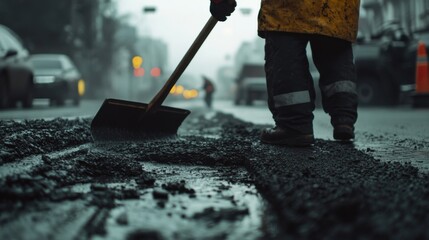 Road worker repairing asphalt on a busy street. Featuring technique and efficiency