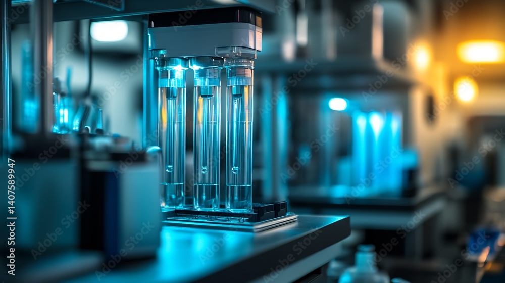 Poster high tech laboratory setting with glass test tubes and bright blue lighting : generative ai