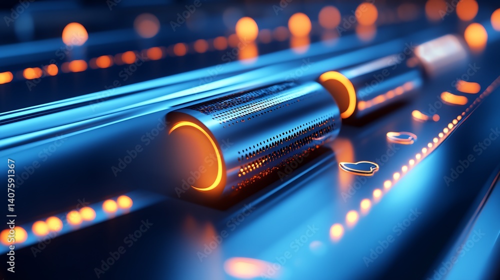Poster close-up of a futuristic metallic pipe with glowing orange accents in a high-tech environment : gene