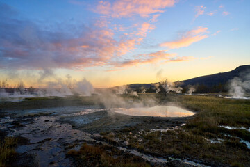 Geysers hot spring in twilight skyline nearly evening view.