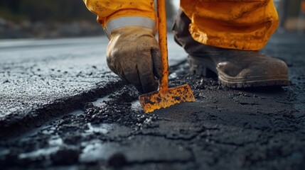 Obraz premium Road worker sealing cracks in the road with asphalt. Featuring precision and detail