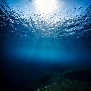 深海の闇にほのかに差し込む光が美しい静寂の水中風景