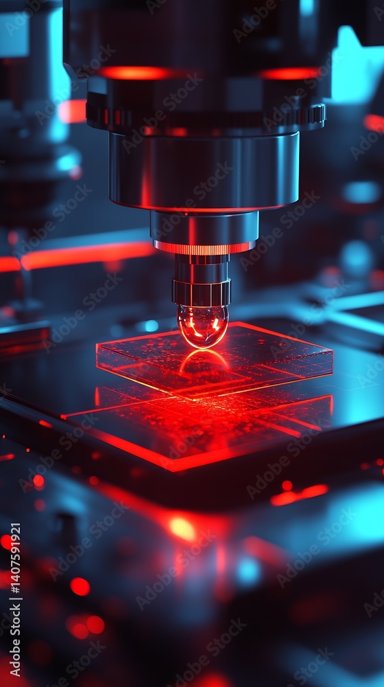 Aufkleber high precision laser equipment focusing on a droplet over a microchip glowing under red light : gene