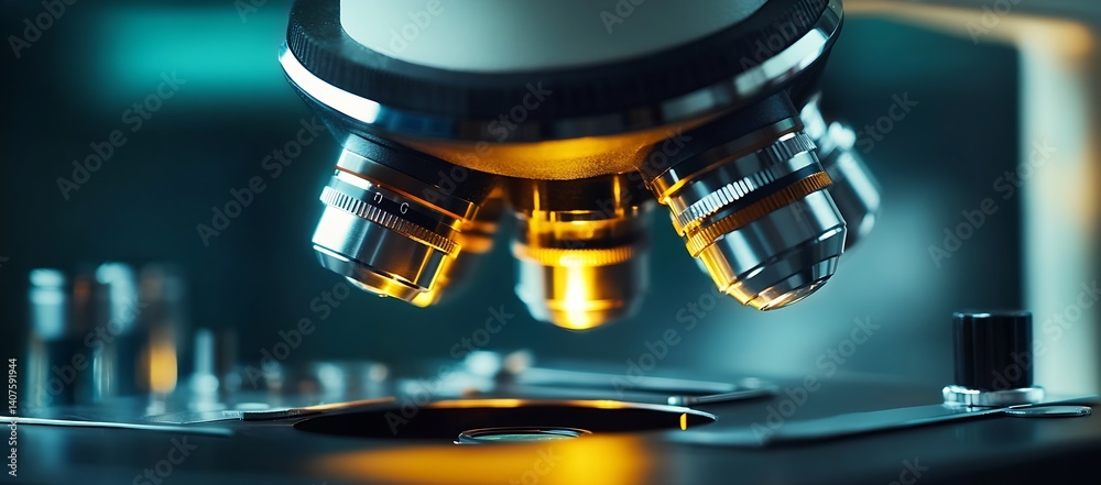 Poster Close-Up View of a High-Tech Microscope with Bright Lights Illuminating the Lenses : Generative AI