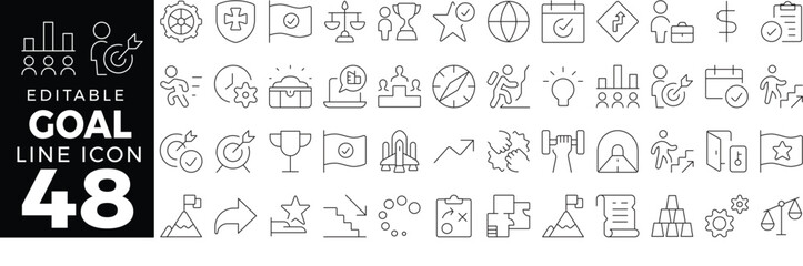 Goals and Achievement Icon Set in Line Style: Includes Success, Target, Award, Medal, Leadership, and More. Editable Stroke.