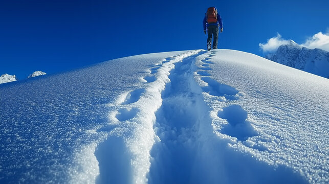 Mountaineer ascends snow-covered peak under clear blue sky during sunny winter day in the mountains, showcasing determination and adventure in serene wilderness