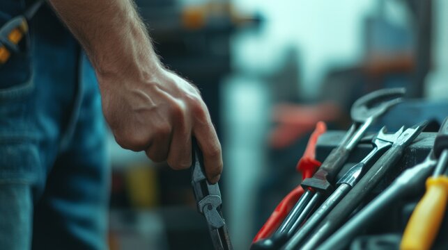 Construction worker inspecting tools before work begins. Featuring focus and preparation