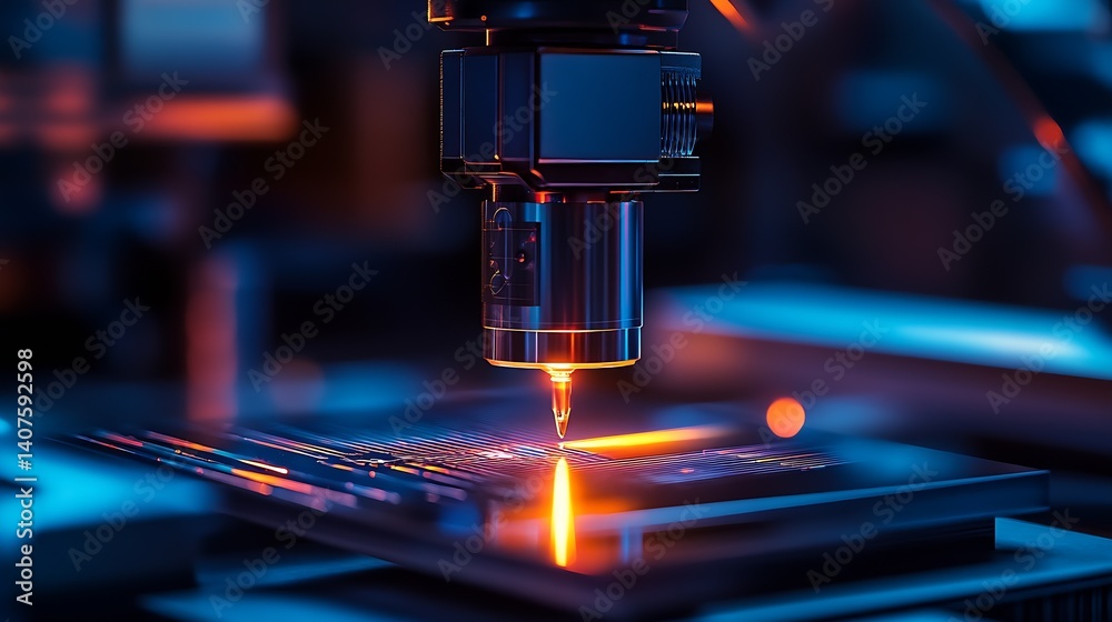 Leinwandbilder Advanced laser technology illuminating a precision component in a modern manufacturing environment with vibrant blue lighting : Generative AI