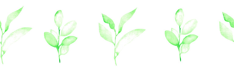 Watercolor leaves border on a white background. Hand-drawn illustration. Perfect for spring and summer.	
